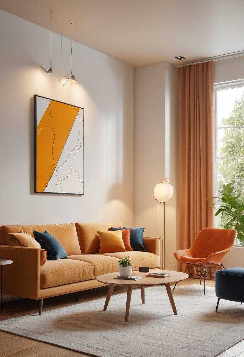 A modern interior space showcasing innovative electrical solutions, including sleek smart home devices, stylish light fixtures, and an artistic wall panel with energy-efficient technology. The scene should reflect an empowering atmosphere with warm lighting and a harmonious blend of colors, emphasizing both home and business environments. super-realistic. vibrant colors. bright and airy ambiance.