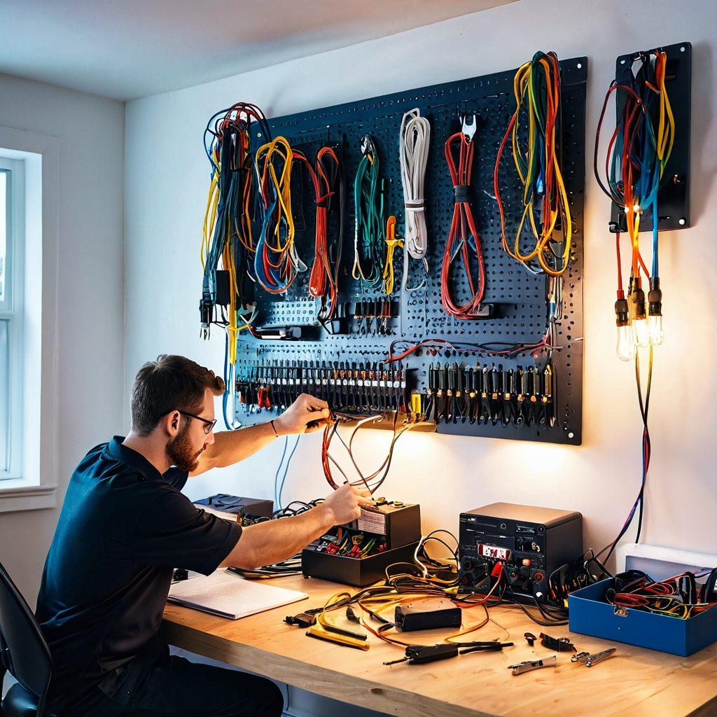 A well-organized workspace showcasing a master electrician at work, intricately installing wiring with colorful wires artfully hanging around. Illuminate the scene with soft lighting that highlights the tools of the trade, like pliers and wire strippers, while a blueprint for a lighting installation is spread out on the table. The mood is focused yet creative, conveying both expertise and efficiency. super-realistic. vibrant colors. white background.