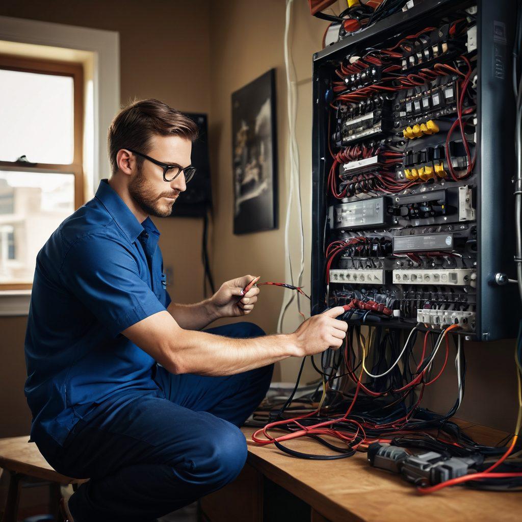 A dynamic scene showcasing an electrician skillfully working on residential and commercial electrical systems. The background features a cozy home on one side transitioning into a bustling office, connected by glowing electrical lines symbolizing power and innovation. Tools like a multimeter and electrical cables are artistically placed to emphasize professionalism. Bright and inviting colors should dominate the image, creating a sense of energy and reliability. super-realistic. vibrant colors. contrast of light and shadow.